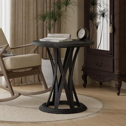 Round Farmhouse End Table with Crisscross Pedestal Base, Distressed Finish Side Table Rustic Accent Table for Living Room, Pine Wood, Black