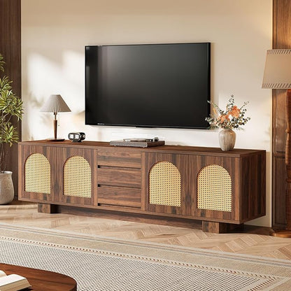 Tribesigns 70.9" TV Stand for TVs up to 80 Inches, Mid-Century Modern Entertainment Center with Storage and Drawers, Rattan Media Console TV Cabinet for Living Room, Bedroom, Walnut