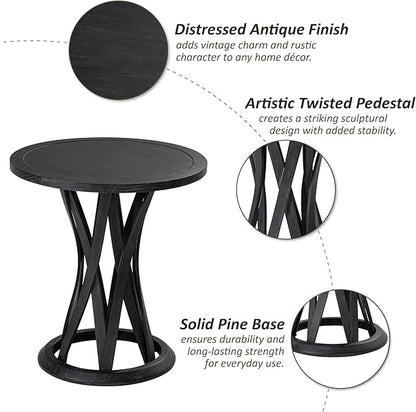 Round Farmhouse End Table with Crisscross Pedestal Base, Distressed Finish Side Table Rustic Accent Table for Living Room, Pine Wood, Black