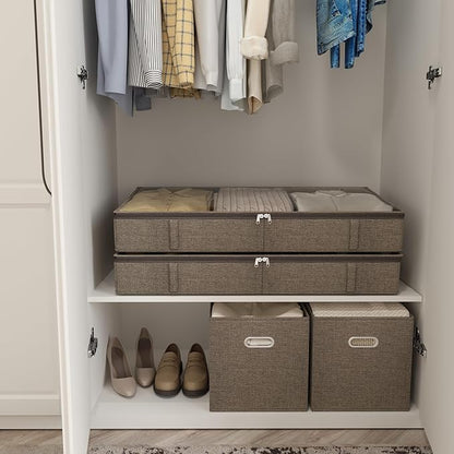 Brown Low Profile Under Bed Storage Containers 5 inches high, 33.8"x 17.7"x 5.1", Sturdy Underbed Shoe Storage Organizer, Foldable Fabric Under the Bed Storage Bins - Pack of 2