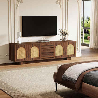 Tribesigns 70.9" TV Stand for TVs up to 80 Inches, Mid-Century Modern Entertainment Center with Storage and Drawers, Rattan Media Console TV Cabinet for Living Room, Bedroom, Walnut