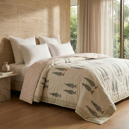 House of Avana Cream & Rust Sage Floral Jaipur Indian Hand Block Print Quilted Comforter