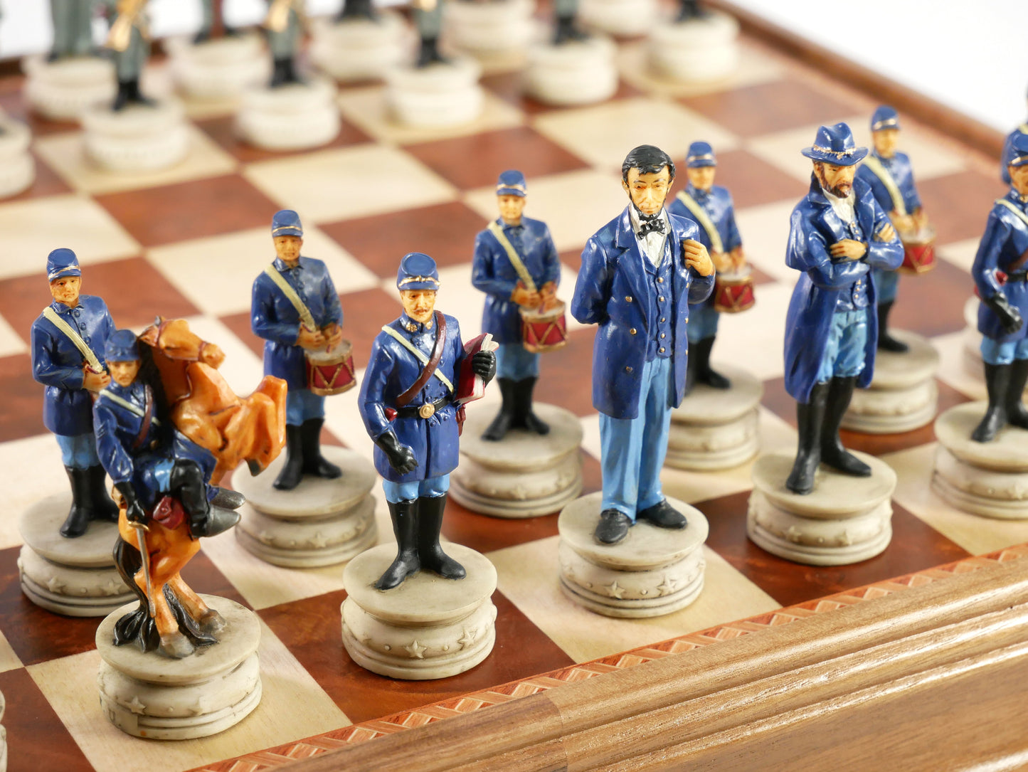 Chess Set - Civil War Resin Chessmen on Walnut/Maple Chest