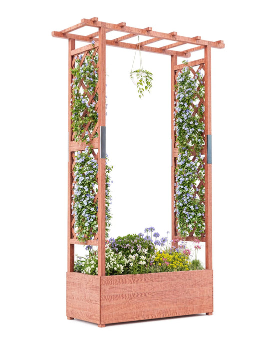 Elevated Wooden Garden Bed with Trellis and Canopy