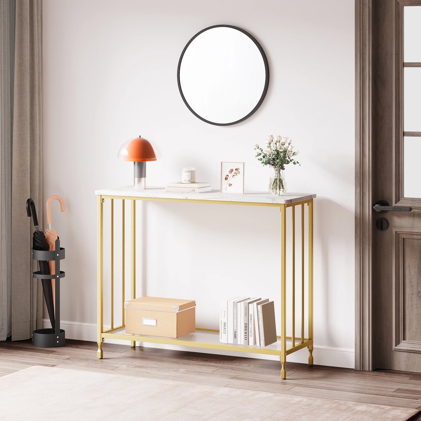 Narrow console table with glass shelf and metal frame