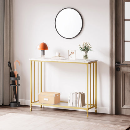 Narrow console table with glass shelf and metal frame