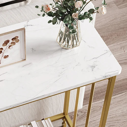 Narrow console table with glass shelf and metal frame