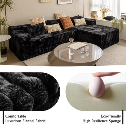 104-inch black corduroy L-shaped sectional couch with chaise