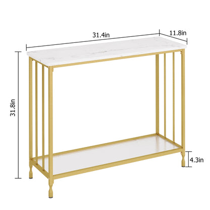 Narrow console table with glass shelf and metal frame