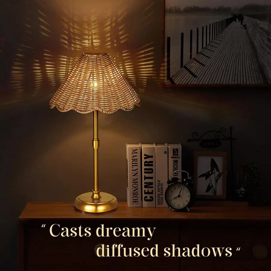 Rechargeable boho rattan lamp with dimmable LED