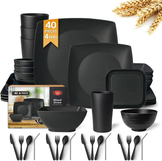 40-piece unbreakable black dinnerware set for four