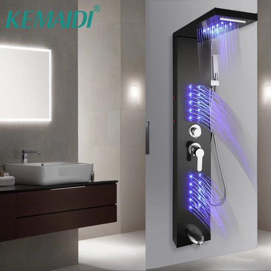 LED shower panel system with rain head and body jets