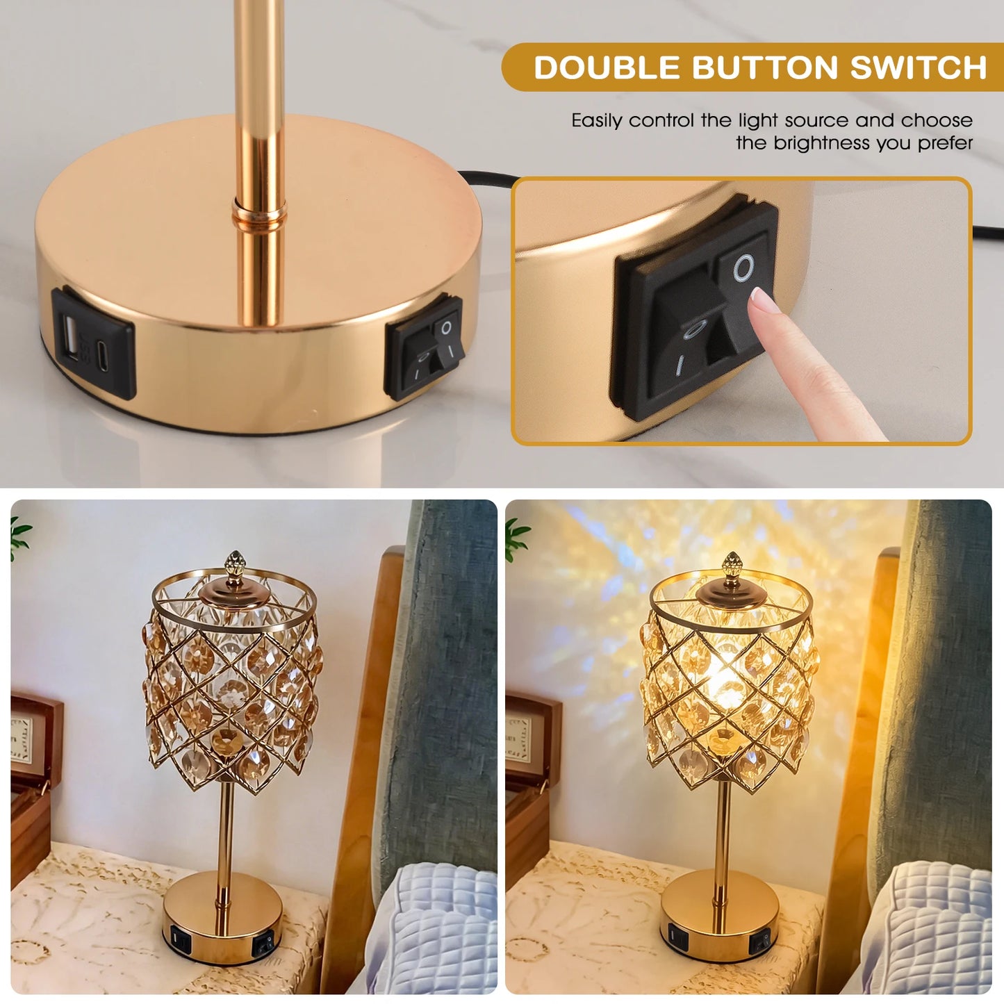 Crystal table lamp with charging ports, gold