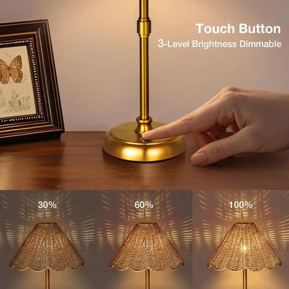 Rechargeable boho rattan lamp with dimmable LED