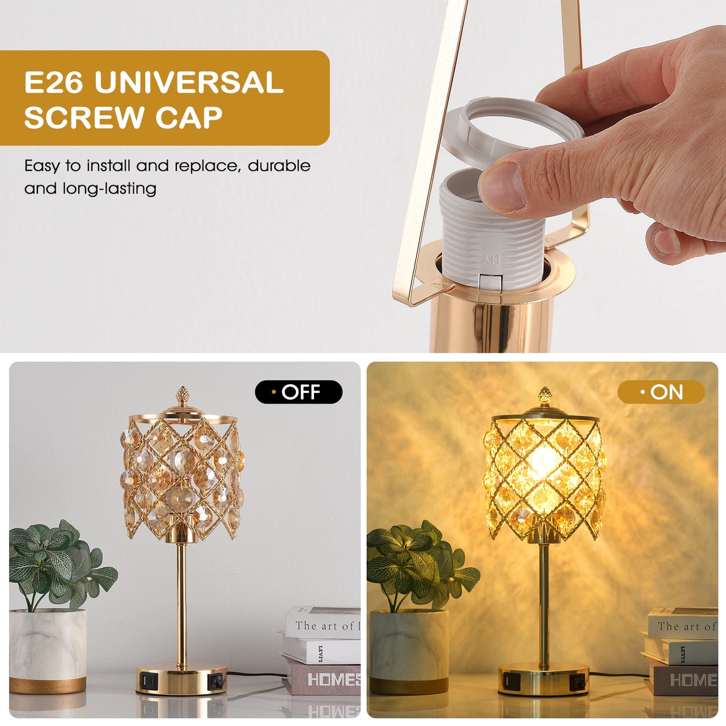 Crystal table lamp with charging ports, gold