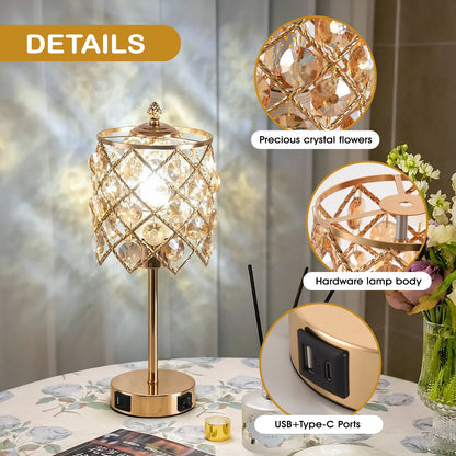 Crystal table lamp with charging ports, gold