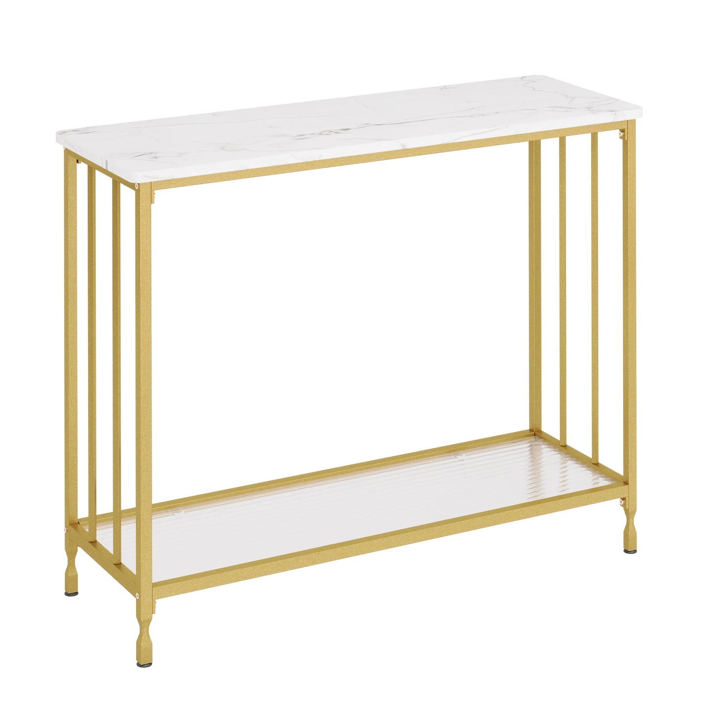 Narrow console table with glass shelf and metal frame
