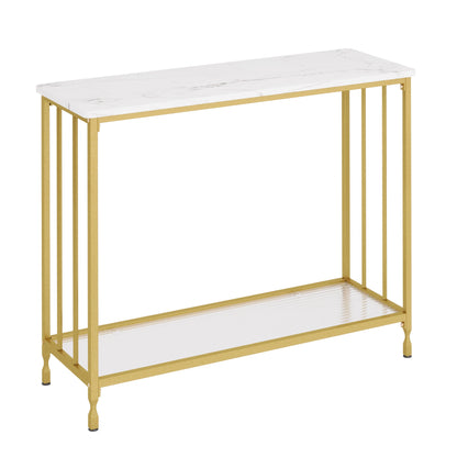 Narrow console table with glass shelf and metal frame