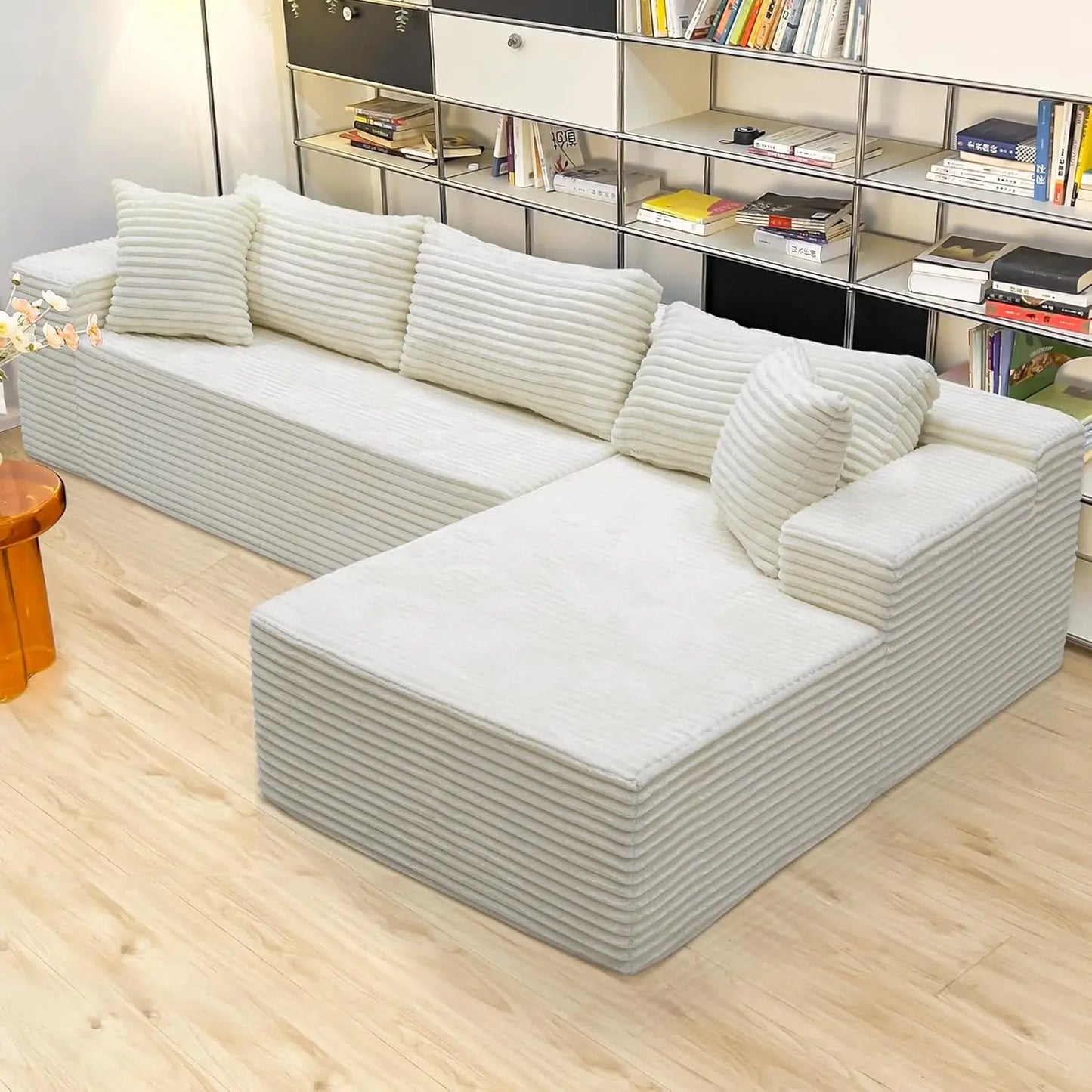 104-inch black corduroy L-shaped sectional couch with chaise