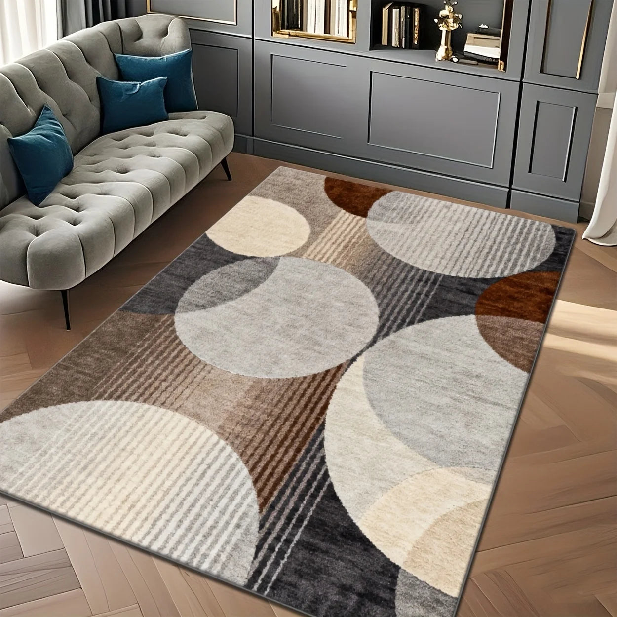 Washable geometric plush rug for indoor and outdoor use