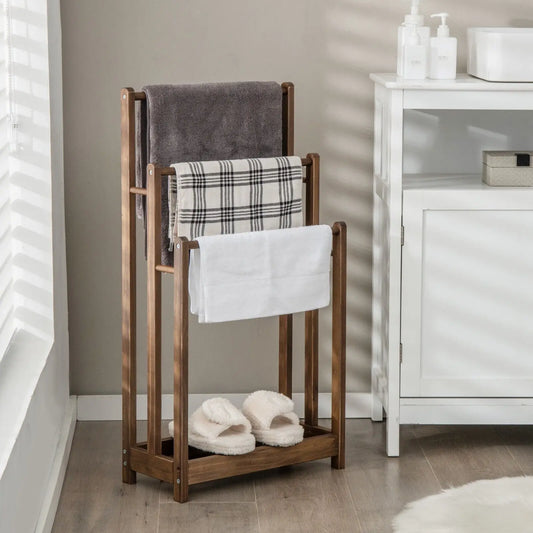 Solid Wood Freestanding 3-Tier Towel Rack & Blanket Ladder with Anti-Tip Device, Heavy-Duty 30lb Capacity