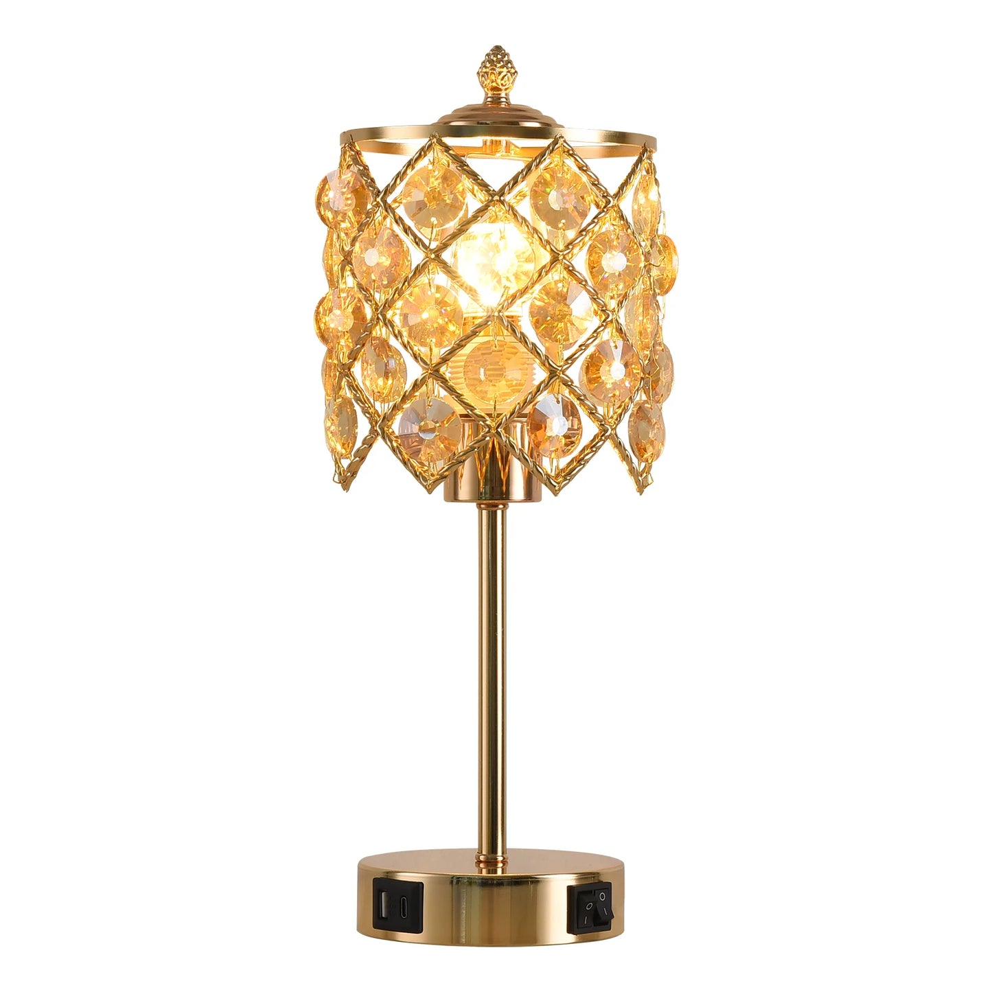 Crystal table lamp with charging ports, gold