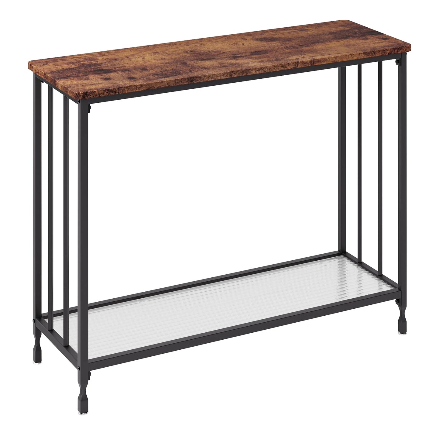 Narrow console table with glass shelf and metal frame
