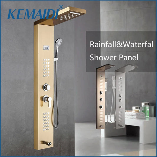 Multifunction shower panel with rainfall waterfall jets