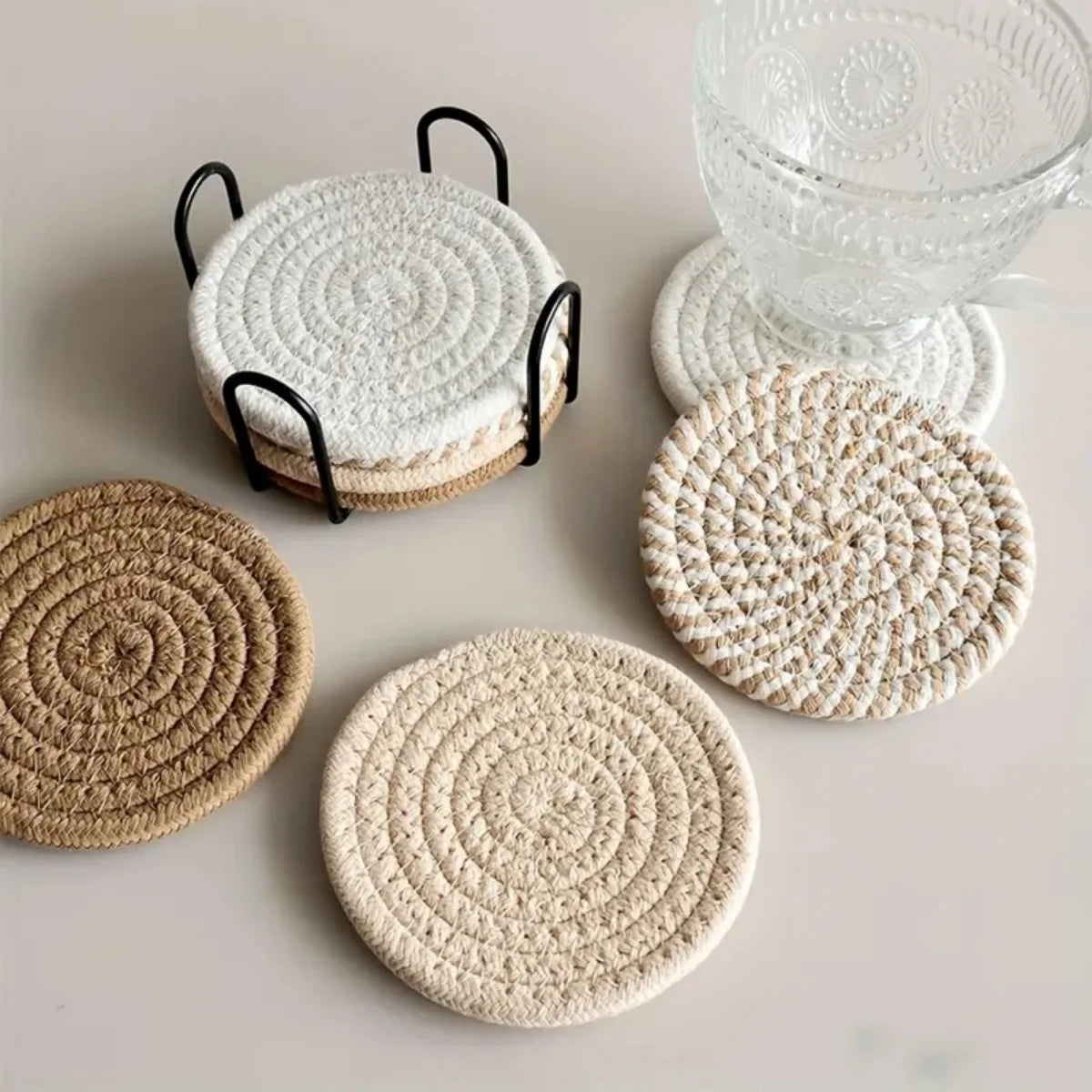 Woven Cotton Coasters Set with Holder