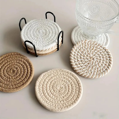 Woven Cotton Coasters Set with Holder