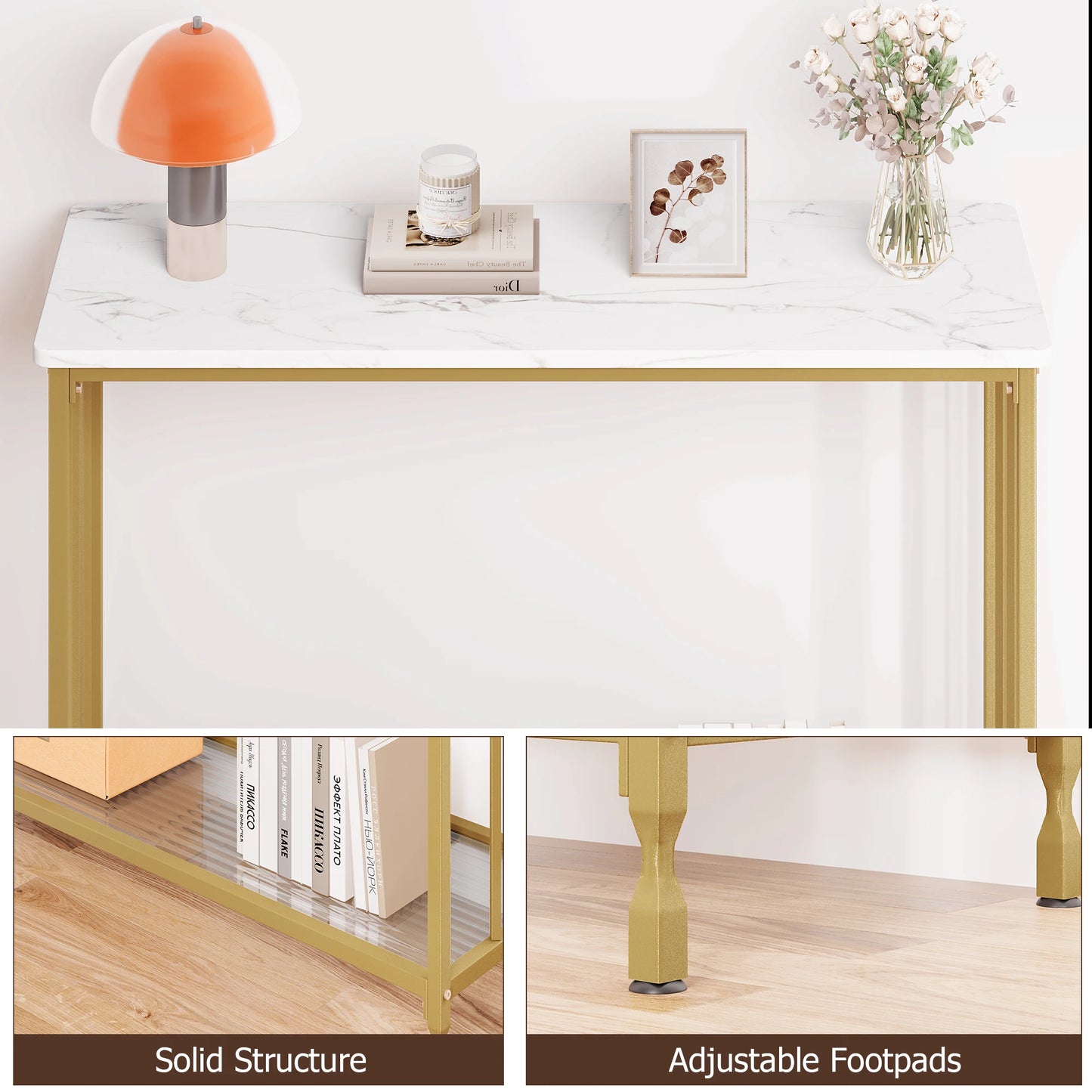 Narrow console table with glass shelf and metal frame