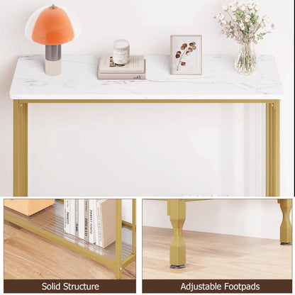Narrow console table with glass shelf and metal frame