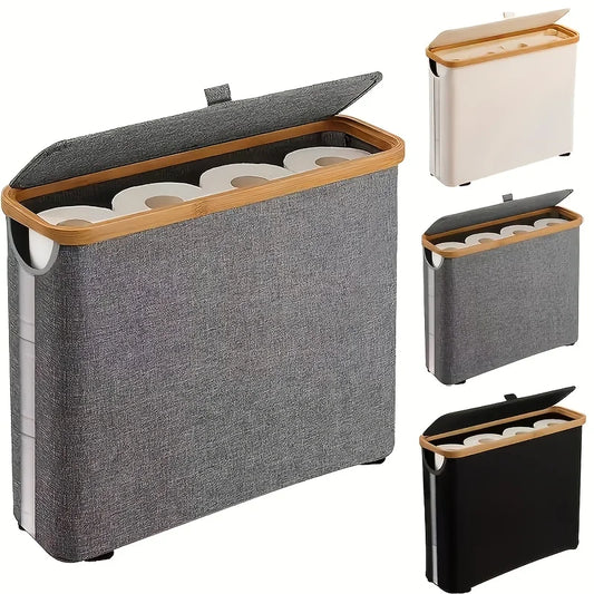 Bamboo toilet paper holder stores up to 9 rolls