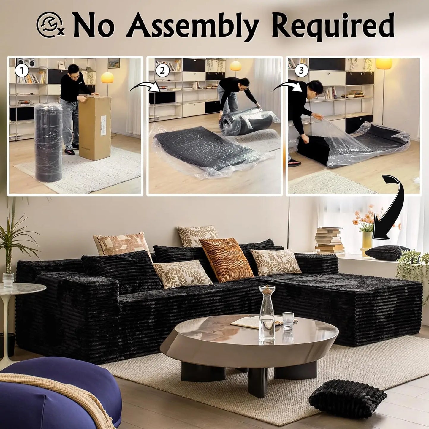 104-inch black corduroy L-shaped sectional couch with chaise