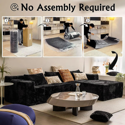 104-inch black corduroy L-shaped sectional couch with chaise