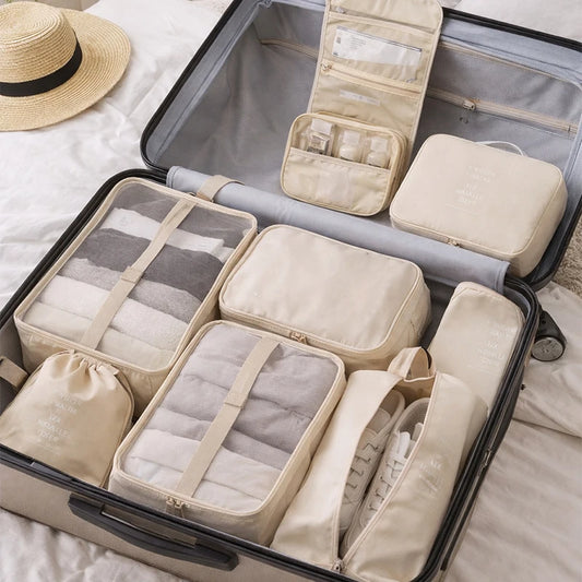 7–9 piece travel packing cubes and organizer set