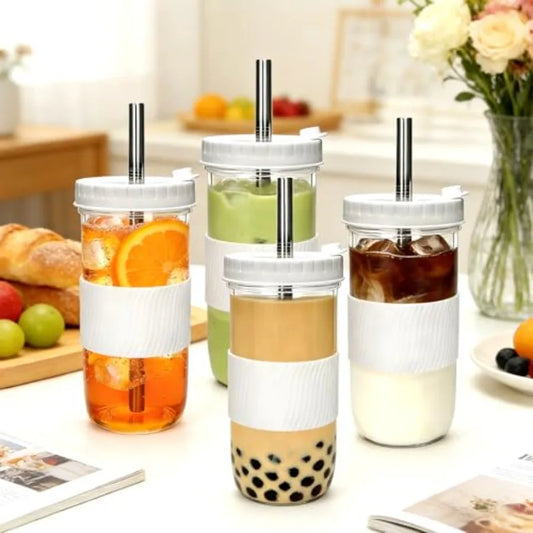 White Boba Cups Set, Glass Drinking Jars