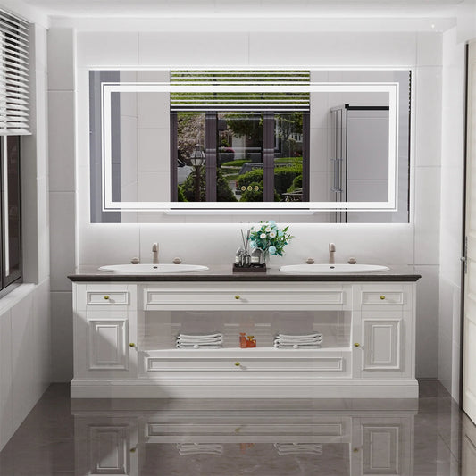 Extra-large LED bathroom mirror with anti-fog lighting