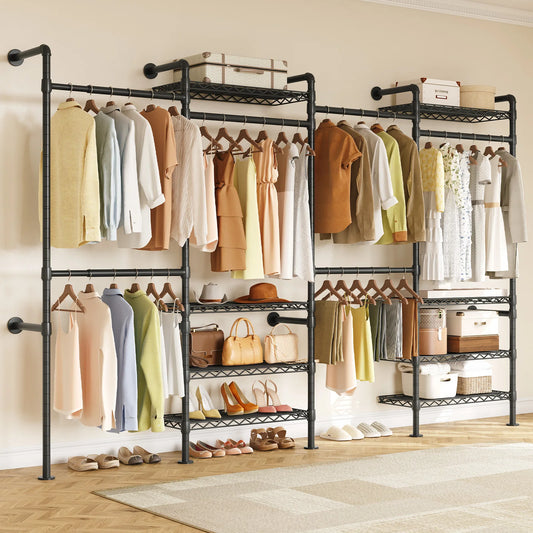 Wall-mounted industrial pipe clothes rack organizer system