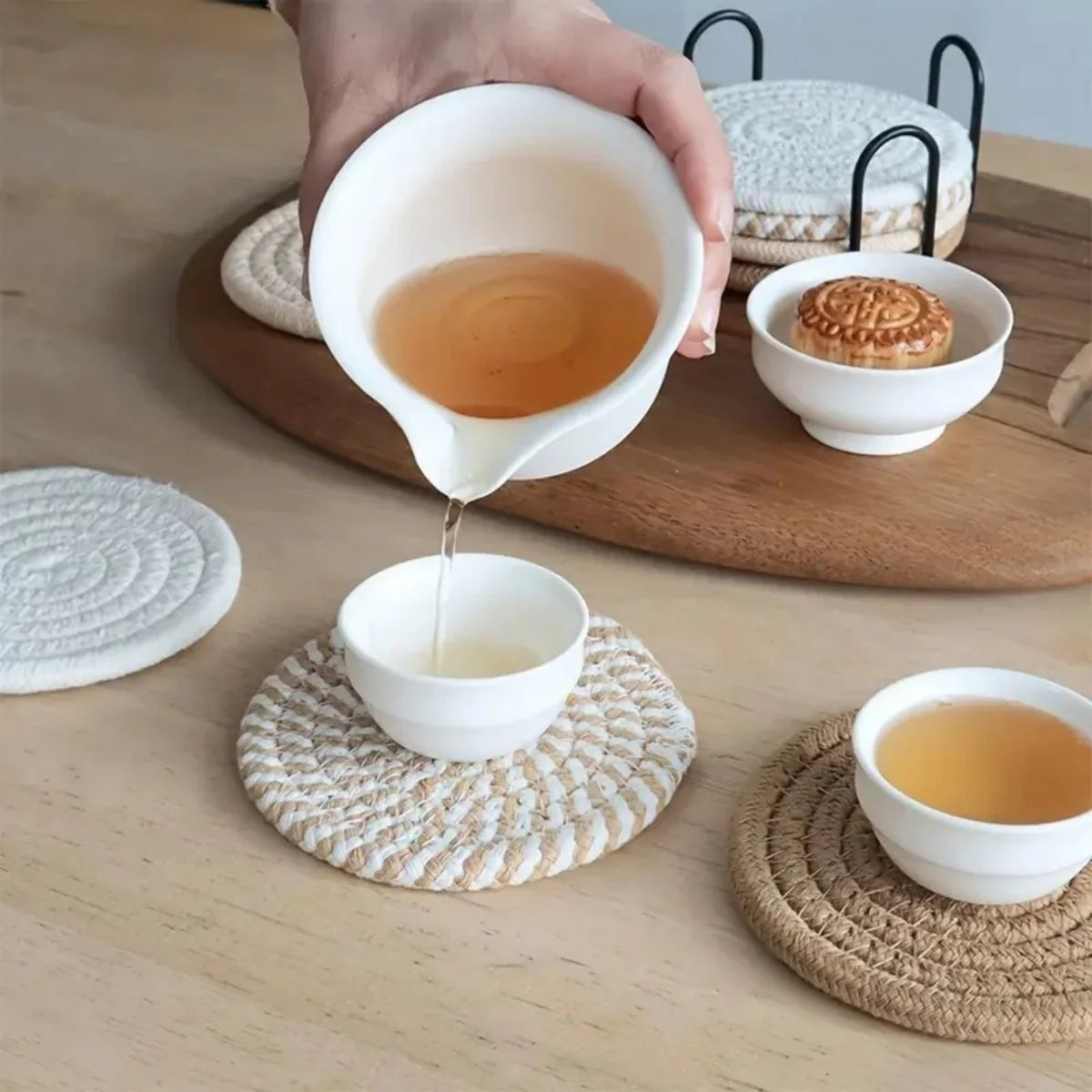 Woven Cotton Coasters Set with Holder