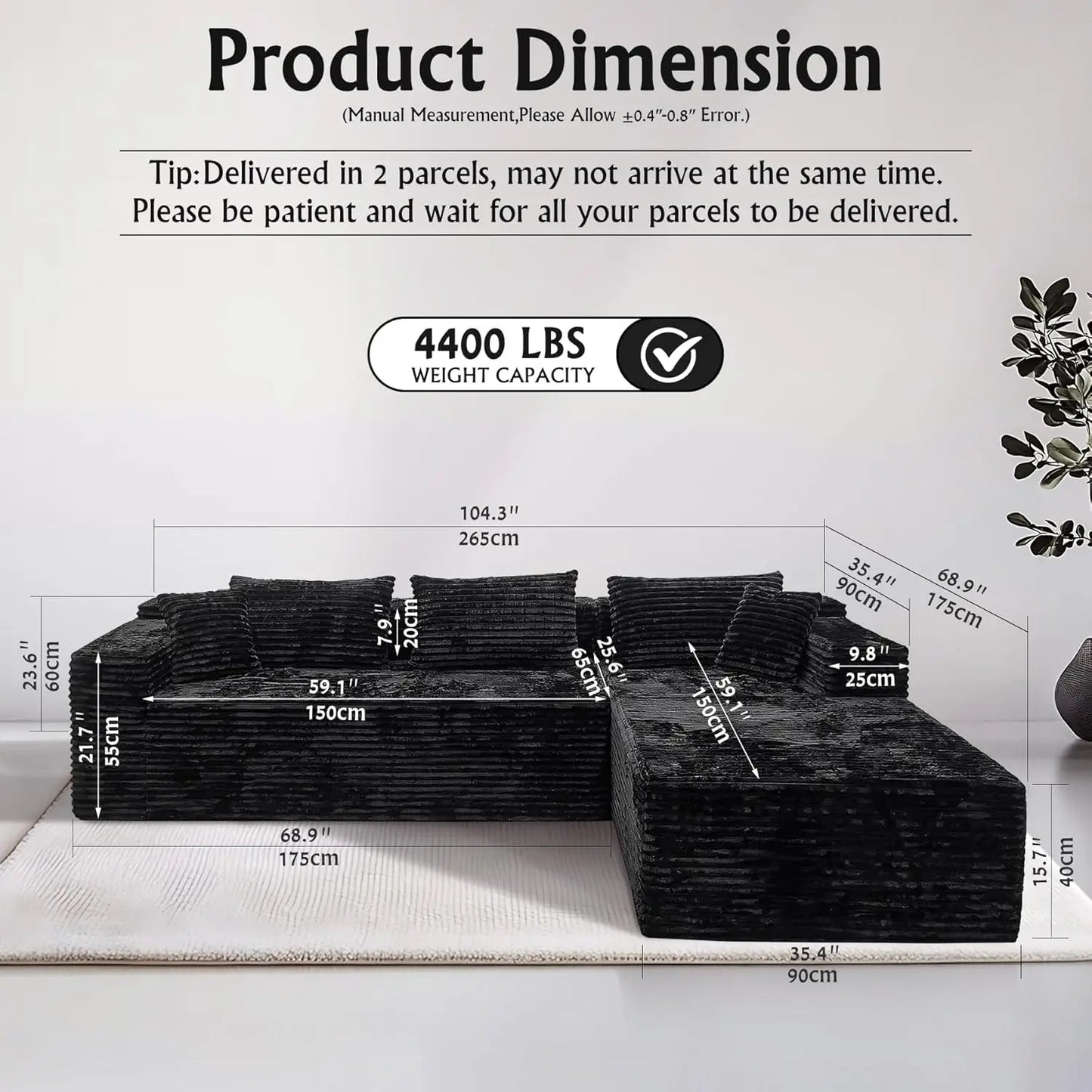 104-inch black corduroy L-shaped sectional couch with chaise