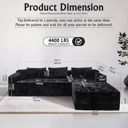 104-inch black corduroy L-shaped sectional couch with chaise