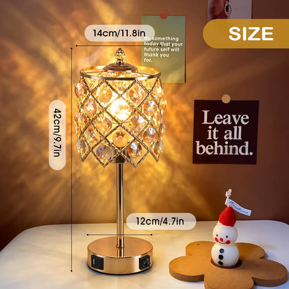 Crystal table lamp with charging ports, gold