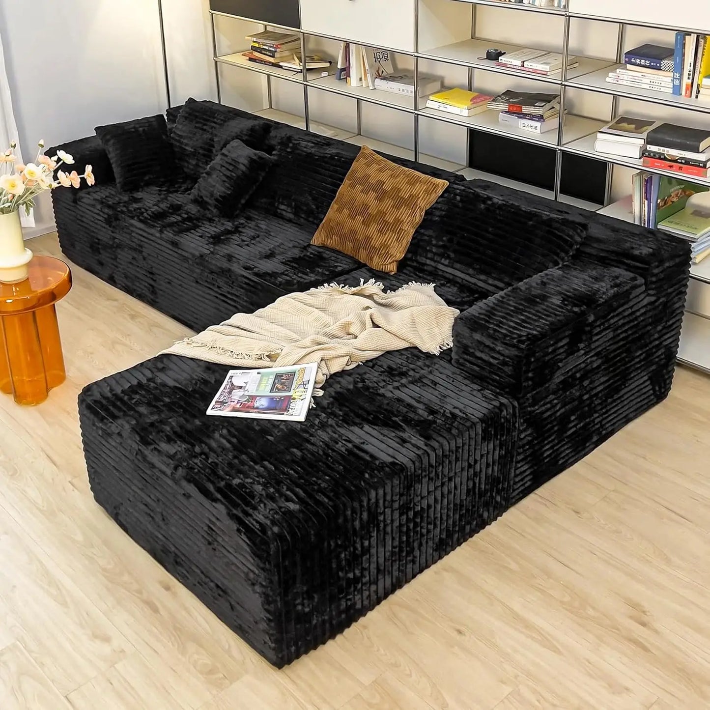 104-inch black corduroy L-shaped sectional couch with chaise