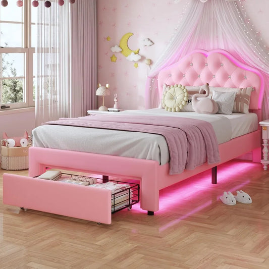 Twin velvet bed with storage drawer, LED lights