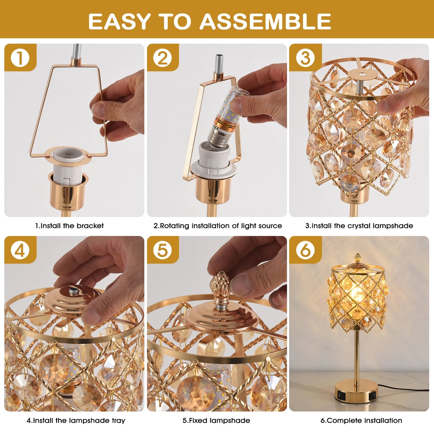 Crystal table lamp with charging ports, gold