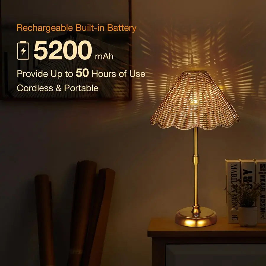 Rechargeable boho rattan lamp with dimmable LED