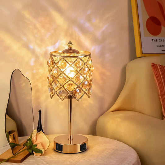 Crystal table lamp with charging ports, gold
