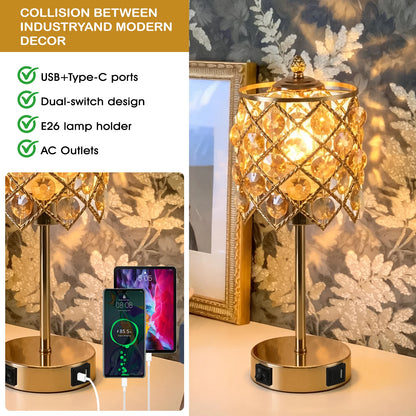 Crystal table lamp with charging ports, gold