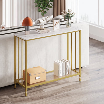 Narrow console table with glass shelf and metal frame